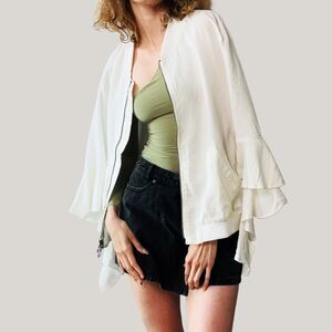 NWT CQ by‎ CQ Ivory Linen Blend Ruffle Bomber Jacket Size L Double Zipper